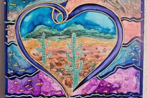 Spiritual Southwest painting by Therese Tice featuring a heart-shaped desert scene with blooming agave, layered earth tones, distant mountains, and vibrant abstract textures in turquoise, blue, and purple.