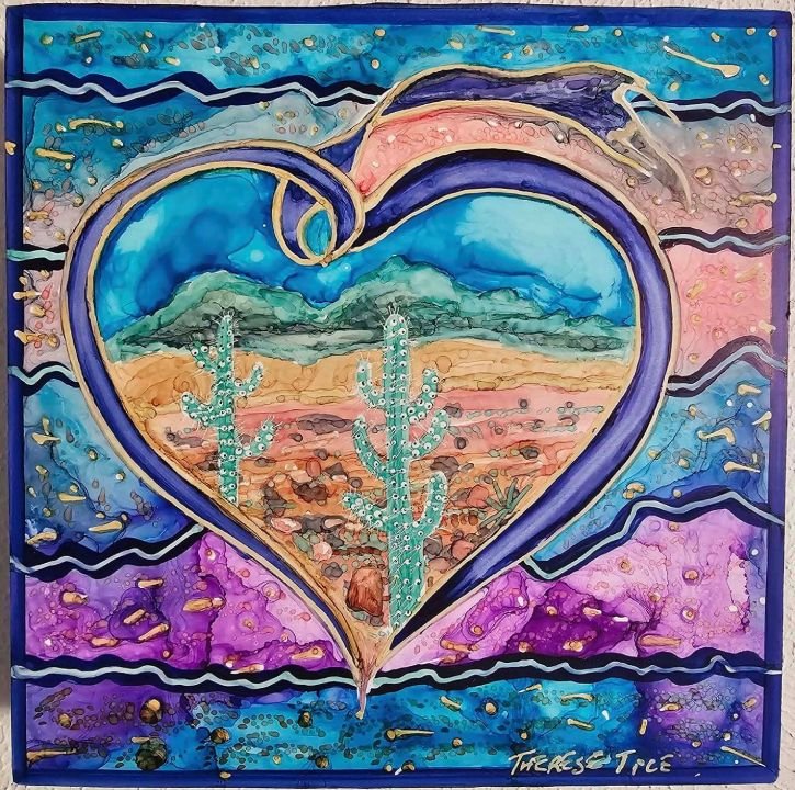 Spiritual Southwest painting by Therese Tice featuring a heart-shaped desert landscape with blooming agave, layered earth tones, distant mountains, and vibrant abstract textures in turquoise, blue, and purple.