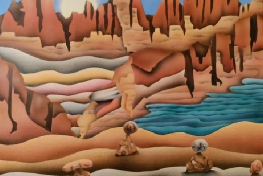 Stylized desert canyon landscape painting by Therese Tice with layered rock formations and a blue water pool.