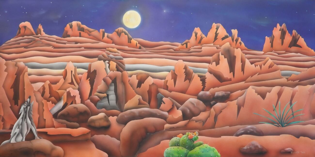 Southwest desert night painting by Therese Tice featuring layered red rock formations, a glowing full moon, a howling coyote, cactus details, and stylized canyon textures in a 24×48 composition.
