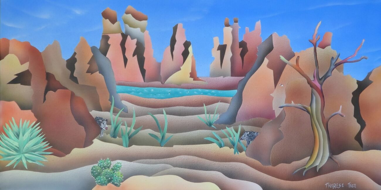 Southwest canyon landscape painting by Therese Tice featuring two javelinas exploring layered desert terrain, turquoise water, sculpted rock formations, and sparse desert plants in her signature airbrushed style.