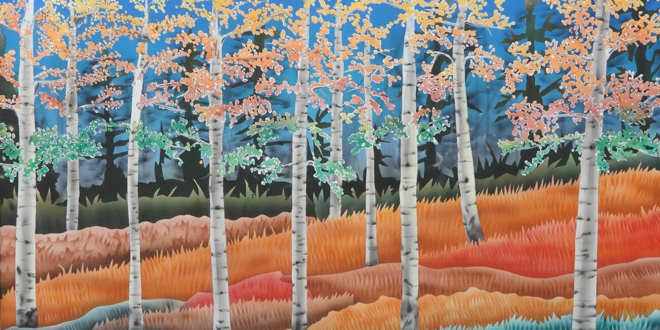 Vibrant autumn landscape painting by Therese Tice featuring tall aspen trees with orange, yellow, and green leaves, layered grasses, and a deep blue forest background in her signature airbrushed style.