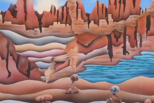 Southwest canyon landscape painting by Therese Tice featuring a radiant sunrise, layered rock formations, a turquoise lake, and stacked stone formations symbolizing guidance and balance, created in her signature airbrushed style.