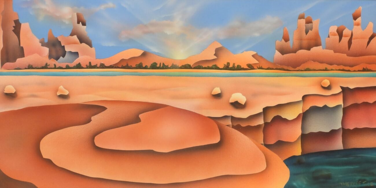 Southwest sunrise landscape painting by Therese Tice featuring layered red rock formations, a glowing horizon, soft clouds, a turquoise lake, and abstract desert textures in her signature airbrushed style.