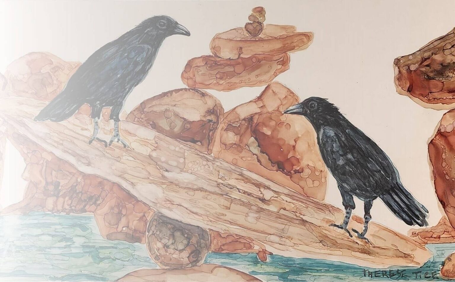 Watercolor painting of two crows standing on rocks by Maui artist Therese Tice.