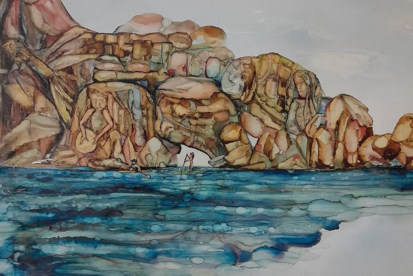 Watercolor artwork by Therese Tice featuring layered rock formations and a blue seascape with two small figures in the water.